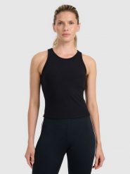 4F Top slim z prążkowanej dzianiny damski - czarny XS. Czarne topy damskie 4F, xs, bez wzorów, z dzianiny, bez kołnierzyka, bez ramiączek. Za 89.99 zł.