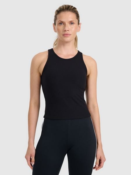 4F Top slim z prążkowanej dzianiny damski - czarny L. Czarne topy damskie 4F, l, bez wzorów, z dzianiny, bez kołnierzyka, bez ramiączek. Za 89.99 zł.