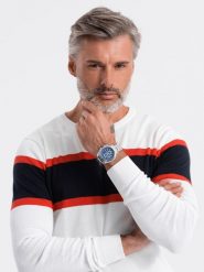 Sweter męski - biały V5 - Rozmiar: XXL. Białe swetry męskie Ombre Clothing, m, bez wzorów, z bawełny, klasyczne, bez kołnierzyka, bez ramiączek. W wyprzedaży za 29.99 zł.