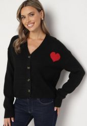 Czarny Kardigan na Guziki z Sercem Miathenae. Czarne kardigany damskie Born2be, z aplikacjami, eleganckie, bez kołnierzyka. Za 139.99 zł.