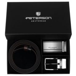 Zestaw prezentowy: dwustronny pasek skórzany w brązowym i czarnym kolorze z wymiennymi klamrami Peterson PTN KL-B006S001. Brązowe paski męskie Peterson, ze skóry, eleganckie. Za 139.99 zł.