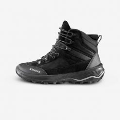 Buty trekkingowe męskie MT100 skóra. Czarne buty zimowe męskie FORCLAZ, bez wzorów, z kauczuku, bez obcasa, bez zapięcia. Za 349.99 zł.