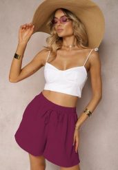 Ciemnofioletowe Szorty o Luźnym Kroju High Waist z Gumką w Talii Vimallora. Fioletowe szorty damskie Renee, bez wzorów, eleganckie, z podwyższonym stanem. Za 39.99 zł.