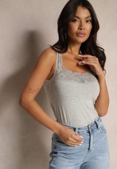 Ciemnoszary Bawełniany Top z Koronką Arisale. Szare topy damskie Renee, l, bez wzorów, z bawełny, bez kołnierzyka, bez ramiączek. Za 14.99 zł.