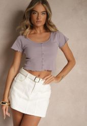 Fioletowy Dopasowany T-shirt z Bawełny Zdobiony Guzikami Filinnea. Fioletowe t-shirty damskie Renee, l, z aplikacjami, z bawełny, bez kołnierzyka, bez ramiączek. Za 34.99 zł.