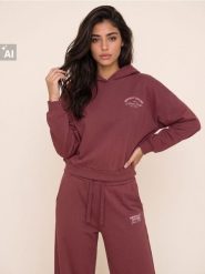 Bluza hoodie z napisem - pomarańczowy. Brązowe bluzy damskie Sinsay, l, bez wzorów, sportowe, bez ramiączek, bez kaptura. Za 49.99 zł.