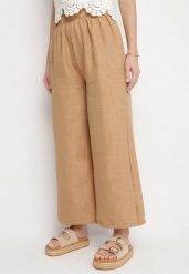 Ciemnobeżowe Szerokie Spodnie Palazzo z Wysokim Stanem Aranwenna. Brązowe spodnie materiałowe damskie Born2be, bez wzorów, z jeansu, eleganckie, z podwyższonym stanem. Za 39.99 zł.