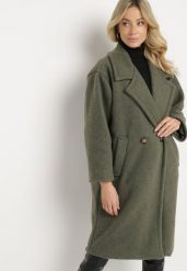 Zielony Dwurzędowy Płaszcz z Wełną Sora. Zielone płaszcze damskie Born2be, bez wzorów, z wełny, bez kołnierzyka, bez kaptura. Za 299.99 zł.