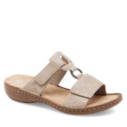 Klapki Rieker. Brązowe klapki damskie Rieker, bez wzorów, bez obcasa, bez zapięcia. Za 279.99 zł.