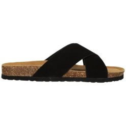 Klapki damskie Cruz Musoni. Czarne klapki damskie CRUZ, na lato, bez wzorów, z materiału, eleganckie, bez obcasa, bez zapięcia. Za 154.00 zł.
