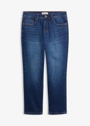 Jeansy straight, średni stan, krótsza nogawka. Niebieskie jeansy damskie bonprix, bez wzorów, z denimu, krótkie. Za 189.99 zł.