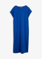 Sukienka T-shirtowa z bawełny organicznej interlock. Niebieskie sukienki damskie bonprix, bez wzorów, z bawełny, bez kołnierzyka, bez ramiączek, mini. Za 99.99 zł.