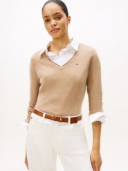 Tommy Hilfiger Sweter z dzianiny Kobiety Wełna beżowy, L. Brązowe swetry nierozpinane damskie Tommy Hilfiger, l, bez wzorów, z dzianiny, eleganckie, bez kołnierzyka, bez ramiączek. Za 429.95 zł.