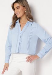 Niebieska Koszula z Koronkową Lamówką Latorena. Niebieskie koszule damskie Born2be, l, bez wzorów, z koronki, eleganckie, bez kołnierzyka, bez ramiączek. Za 79.99 zł.