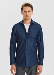 PAKO LORENTE - Granatowa koszula jeansowa. Koszule męskie Pako Lorente, m, bez wzorów, z bawełny, bez kołnierzyka, bez ramiączek. Za 199.99 zł.