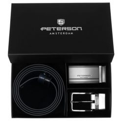 Zestaw prezentowy: dwustronny pasek skórzany w granatowym i czarnym kolorze Peterson PTN KL-B006S001 N. Czarne paski męskie Peterson, ze skóry, eleganckie. Za 139.99 zł.