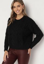 Czarny Sweter z Wiskozą i Wełną Aplikacją 3D i Tłoczeniem Vaishira. Czarne swetry nierozpinane damskie Born2be, na zimę, m, z aplikacjami, z wełny, bez kołnierzyka, bez ramiączek. Za 89.99 zł.