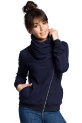 Sportowa Bluza Zapinana na Ukośny Zamek - Granatowa. Fioletowe bluzy damskie MOE, l, bez wzorów, z bawełny, sportowe, bez ramiączek, bez kaptura. Za 273.90 zł.
