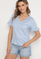 Niebieska Bluzka z Dekoltem w Serek z Wiskozą Zdobiona Falbankami przy Rękawach Aliriva. Niebieskie bluzki damskie Born2be, uniwersalny, z aplikacjami, z wiskozy, eleganckie, bez kołnierzyka, bez ramiączek. Za 59.99 zł.