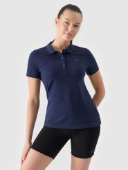 4F Koszulka polo slim damska - granatowa L. Niebieskie bluzki damskie 4F, l, bez wzorów, z bawełny, klasyczne, bez kołnierzyka, bez ramiączek. W wyprzedaży za 59.99 zł.