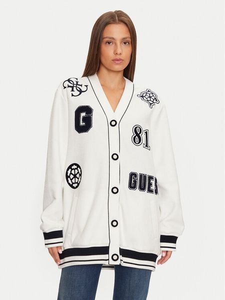 Guess T-Shirt V4BQ08 KCHV0 Biały Boxy Fit. Białe t-shirty damskie Guess, l, z aplikacjami, z bawełny, bez kołnierzyka, bez ramiączek. Za 599.99 zł.