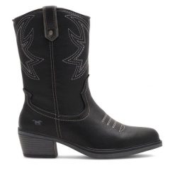 Kowbojki Mustang. Czarne botki damskie Mustang, bez wzorów, bez obcasa, na słupku, bez zapięcia. Za 399.99 zł.