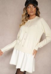 Jasnobeżowy Sweter z Wiskozą na Guziki z Perełkami i Ściągaczami Evaselle. Brązowe swetry nierozpinane damskie Renee, z aplikacjami, z wiskozy, casualowe, bez kołnierzyka, bez ramiączek. Za 69.99 zł.