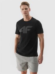 4F T-shirt regular z nadrukiem męski - czarny L. Czarne t-shirty męskie 4F, l, bez wzorów, z bawełny, bez kołnierzyka, bez ramiączek. Za 59.99 zł.