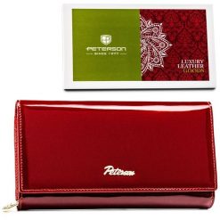 Duży, czerwony portfel damski z lakierowanej skóry naturalnej zamykany na zatrzask - Peterson. Czerwone portfele damskie Peterson, z lakierowanej skóry. Za 108.00 zł.