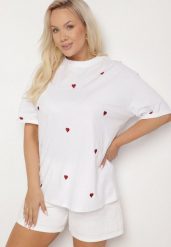 Biało-Czerwony Bawełniany T-shirt Zdobiony Haftem w Kształcie Serc Naloree. Białe t-shirty damskie Born2be, l, z aplikacjami, z bawełny, eleganckie, bez kołnierzyka, bez ramiączek. Za 69.99 zł.