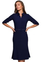 Elegancka sukienka koszulowa z kołnierzykiem i paskiem w talii granat. Sukienki damskie Stylove, do pracy, m, bez wzorów, biznesowe, bez kołnierzyka, bez ramiączek, koszulowe. Za 329.00 zł.