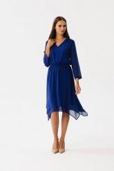 Elegancka zwiewna sukienka szyfonowa asymetryczna chaber. Niebieskie sukienki damskie Stylove, na imprezę, s, bez wzorów, z gumy, eleganckie, z asymetrycznym kołnierzem, bez ramiączek, asymetryczne. Za 379.00 zł.