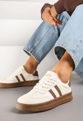 Beżowo-Brązowe Sneakersy Sportowe z Ozdobnymi Paskami i Przeszyciami Wenilan. Brązowe obuwie sportowe damskie Renee, bez wzorów, z jeansu, bez zapięcia. Za 99.99 zł.