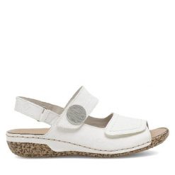 Sandały Rieker. Białe sandały damskie Rieker, bez wzorów, bez obcasa, na płaskiej podeszwie, bez zapięcia. Za 339.99 zł.