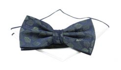 Mucha Granatowo-Zielona w Listki, z Białą Poszetką, Elegancka, Męska -CHATTIER. Niebieskie krawaty i muchy Chattier, bez wzorów, z poliesteru, eleganckie. Za 59.00 zł.