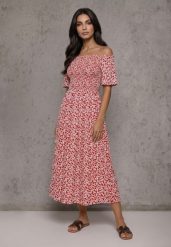 Czerwona Sukienka Hiszpanka z Bawełny w Roślinny Print Podkreślająca Talię Kradli. Czerwone sukienki damskie Renee, na co dzień, m, bez wzorów, z bawełny, boho, bez kołnierzyka, bez ramiączek, z odkrytymi ramionami. Za 59.99 zł.