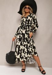 Beżowo-Czarna Koszulowa Sukienka Maxi w Geometryczny Wzór Qerida. Czarne sukienki damskie Renee, na co dzień, l, bez wzorów, bez kołnierzyka, bez ramiączek, maxi, koszulowe. Za 69.99 zł.