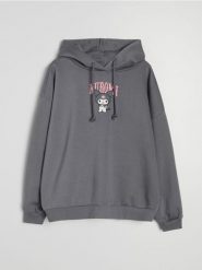 Bluza hoodie z nadrukiem Kuromi - szary. Szare bluzy damskie Sinsay, l, bez wzorów, bez ramiączek, bez kaptura. Za 59.99 zł.