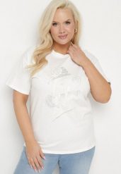 Biały T-shirt z Bawełny z Cyrkoniowym Nadrukiem Sovtebia. Białe t-shirty damskie Born2be, xl, z aplikacjami, z bawełny, klasyczne, bez kołnierzyka, bez ramiączek. Za 44.99 zł.