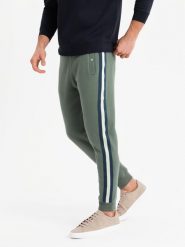 Męskie dresowe spodnie z lampasami i ściągaczami na nogawkach – oliwkowe V2 OM-PASK-0258 - XXL. Zielone spodnie sportowe męskie Ombre Clothing, l, z aplikacjami, z bawełny. Za 119.99 zł.