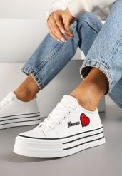 Białe Trampki na Grubej Podeszwie z Aplikacją i Napisem Eheria. Białe trampki i tenisówki damskie Renee, z aplikacjami, z jeansu, bez zapięcia. Za 74.99 zł.