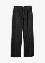 Dżinsy z szerokimi nogawkami, mid waist. Czarne jeansy damskie bonprix, bez wzorów, z jeansu. Za 117.99 zł.