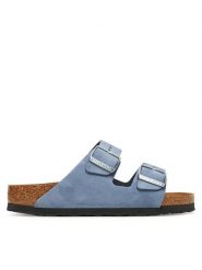 Birkenstock Klapki Arizona 1030390 Niebieski. Niebieskie klapki damskie Birkenstock, bez wzorów, z nubiku, bez obcasa, bez zapięcia. Za 399.99 zł.