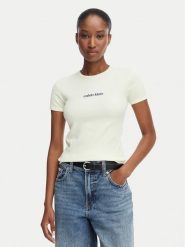 Calvin Klein Jeans T-Shirt LV047G816G Kremowy Slim Fit. Białe t-shirty damskie Calvin Klein Jeans, s, bez wzorów, z bawełny, bez kołnierzyka, bez ramiączek. Za 229.99 zł.