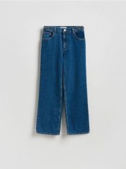 Jeansy straight ze średnim stanem - granatowy. Niebieskie jeansy damskie Reserved, bez wzorów, z bawełny. Za 179.99 zł.