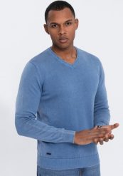 Ombre Męski sweter washowany z dekoltem w serek - niebieski V4 OM-SWOS-0108 M. Niebieskie swetry męskie Ombre, m, bez wzorów, bez kołnierzyka, bez ramiączek. Za 139.99 zł.