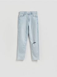 Jeansy mom fit z rozcięciem - niebieski. Niebieskie jeansy damskie Reserved, bez wzorów, z bawełny. Za 129.99 zł.