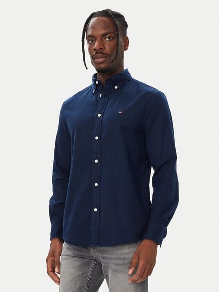 Tommy Hilfiger Koszula Flannel Solid MW0MW40469 Granatowy Regular Fit. Niebieskie koszule męskie Tommy Hilfiger, l, bez wzorów, z bawełny, bez kołnierzyka, bez ramiączek. Za 369.99 zł.
