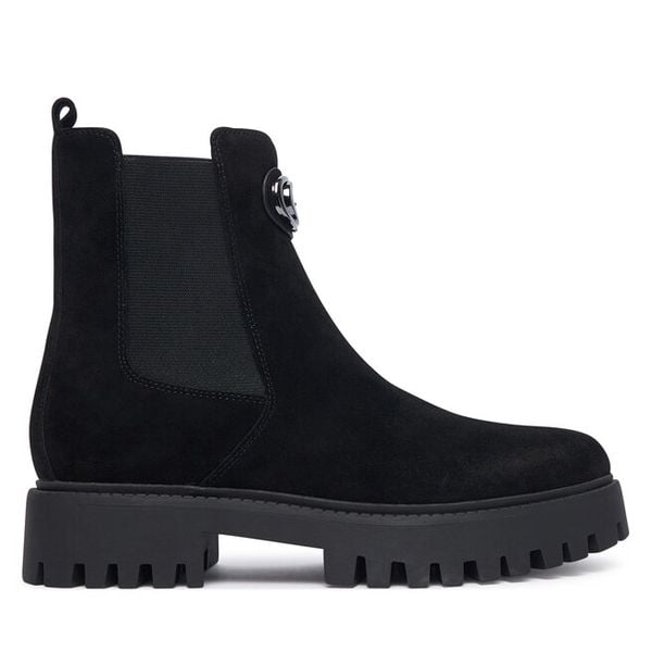 Sztyblety Guess. Czarne botki damskie Guess, z aplikacjami, bez obcasa, na płaskiej podeszwie, bez zapięcia. Za 674.99 zł.