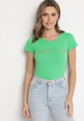 Zielony Bawełniane T-shirt z Cyrkoniami i Napisem Readia. Zielone t-shirty damskie Born2be, l, bez wzorów, z bawełny, klasyczne, bez kołnierzyka, bez ramiączek. Za 34.99 zł.